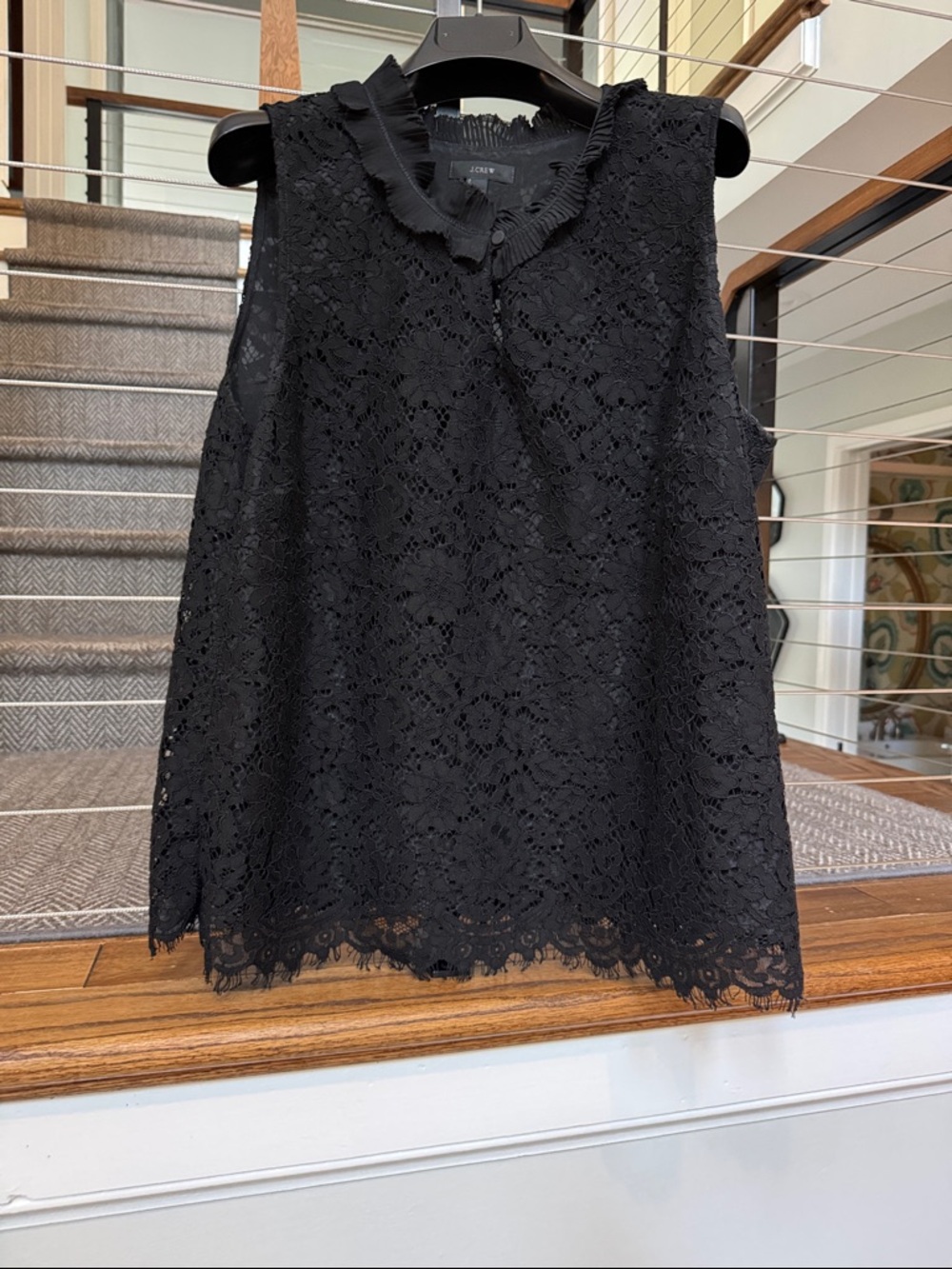 J Crew Black Floral Lace Sleeveless Camisole with Ruffle Neck